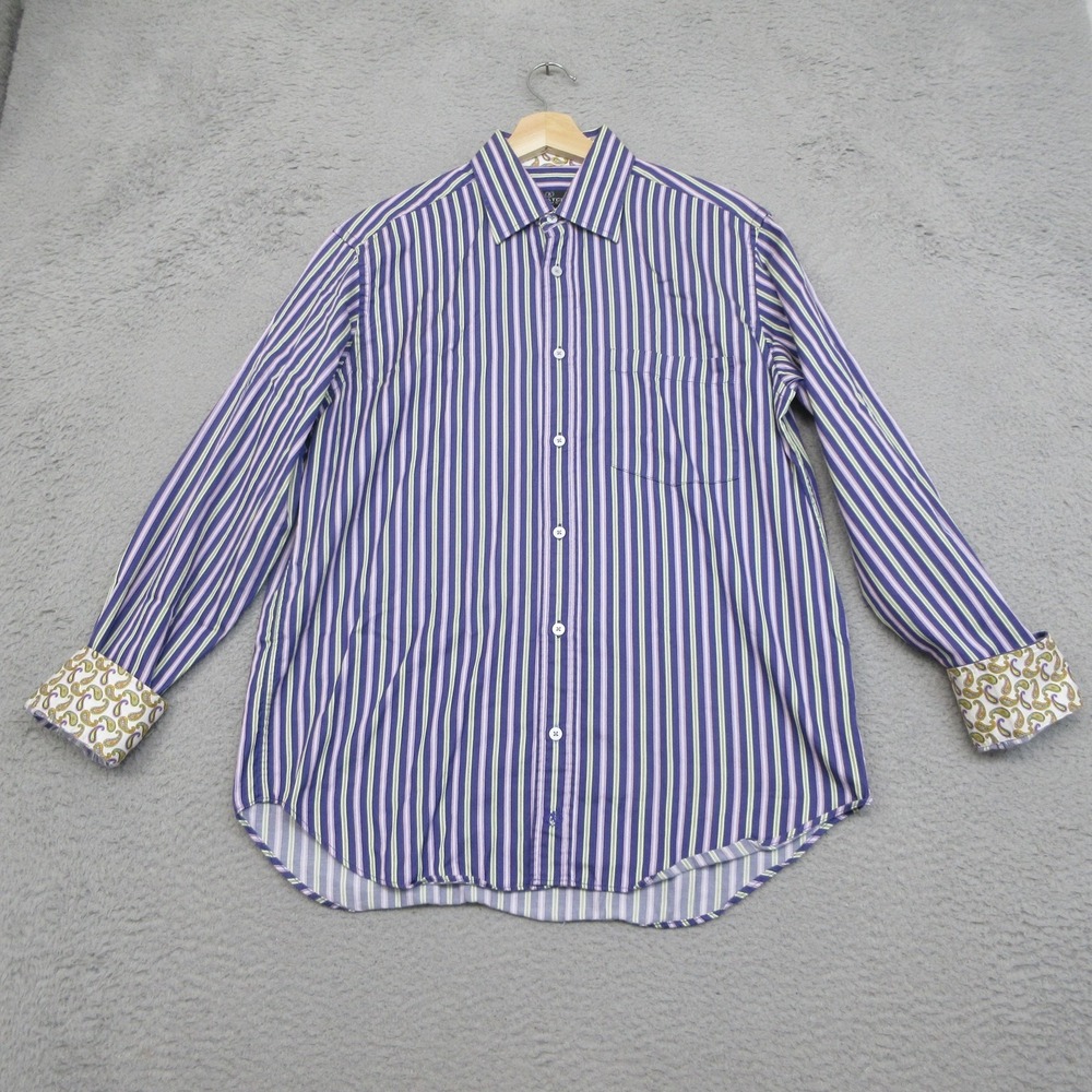 Bugatchi Uomo Dress Shirt Mens XL Purple Stripe Paisley Flip Cuff Cotton Preppy